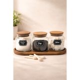LİNGO HOME Akasya Stantlı 3 Adet Cam Baharatlık 635cc - Bambu Kaşıklı Etiketli