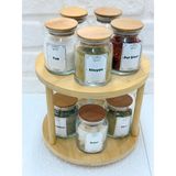 Lingo Home Dönen Bambu Stantlı Vakum Kapaklı Cam Baharatlık Seti 290CC (9*7cm) Kavanoz Saklama Kabı Takımı - Şeffaf - Açık Kahverengi