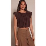 Linichandco Kadın Dökümlü Kolsuz Crop Bluz 9418 Kahverengi Polyester Bisiklet Yaka Standart Kalıp