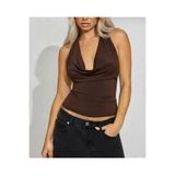 Linich&Co Kadın Kahverengi Halter Degaje Yaka Boyundan Bağlamalı Crop Top Body 9074