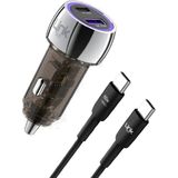 Linktech C437 55W Dual PD30W + QC25W Şeffaf Araç Şarj Aleti Type-C To Type-C Kablo Set - Siyah