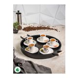 linmetal 37cm Ahşap Kulplu Siyah Metal Tepsi Yuvarlak Çay Tepsisi Sunum Tepsisi Tahta Kulplu Kahve Tepsisi