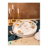 linmetal Ahşap Kulplu Desenli Yuvarlak Metal Servis Tepsisi 37cm, Kahve Tepsisi, Sunum Tepsisi Krem