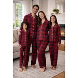Lino Baby Anne Baba Çocuk Kombin Tam Kalıp %100 Pamuk Kuruveze Yakalı Anne Baba Çocuk Pijama Takım - Kırmızı - 6 - 7 Yaş