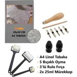 Linol Tabaka Linol Muşamba Levha 2.5 Mm 20x30 Cm 3'lü Sünger Rulo Merdane 5'li Oyma Seti Baskı
