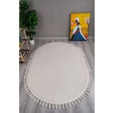 LİNOS HOME Krem Fluffy Oval Düğüm Saçaklı Post Peluş Halı Antibakteriyel Kaymaz Taban Yumuşacık Yolluk