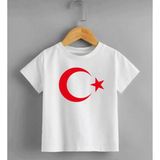 Linotti Ay Yıldızlı Türk Bayraklı Çocuk Tişort Unısex Pamuklu - Beyaz - 9 - 11 Yaş