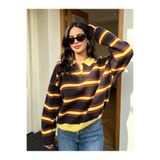 Lintersia Kadın Polo Yaka Çizgili Oversize Triko Kazak