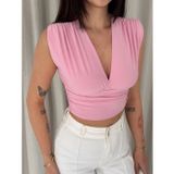 Linum Kadın Vatkalı Kolsuz V Yaka Drapeli Crop Bluz Likralı Fit - Pembe