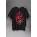Lion Fire Head Aslan Japan Maske Baskılı Tişört Unisex T-Shirt - Siyah