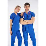 Lion Üniforma Saks Mavisi Dr. Greys Modeli Likralı Hemşire Forması Yarasa Kol Doktor Scrubs Hastane Takımı - 2XL