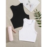 Liona 2 Li Paket Bisiklet Yaka Siyah Beyaz Renk Fitilli Kolsuz Fit Crop Top Bluz