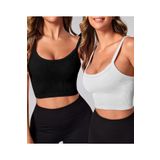 Liona 2 Li Paket U Yaka Siyah Beyaz Renk Desensiz Fitilli Kolsuz Askılı Likralı Fit Crop Top Bluz