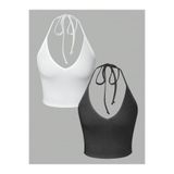Liona 2 Li Paket V Yaka Siyah Antrasit Renk Desensiz Fitilli Kolsuz Boyun Askılı Likralı Fit Crop Top Bluz