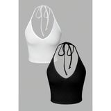 Liona 2 Li Paket V Yaka Siyah Beyaz Renk Desensiz Fitilli Kolsuz Boyun Askılı Likralı Fit Crop Top Bluz