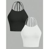 Liona 2'Li Paket Düz Desensiz Siyah Beyaz Renk Boyundan Bağlamalı Crop Top Bluz