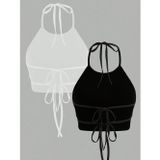 Liona 2'Li Paket Düz Desensiz Siyah Beyaz Renk Boyundan Ve Sırtı Açık Bağlamalı Crop Top Bluz