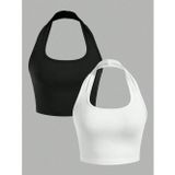 Liona 2'Li Paket Kare Yaka Siyah ve Beyaz Renk Boyun Askılı Crop Top Bluz