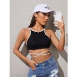 Liona Askılı Halter Yaka İpli Siyah Renk Fitilli Crop Top Bluz