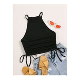 Liona Askılı Halter Yaka Yüzücü Sırtlı Yanları İpli Siyah Renk Fitilli Crop Top Bluz