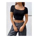 Liona Balerin Yaka Siyah Renk Fitilli Kısa Kollu Slim Fit Crop Top Bluz