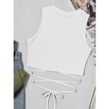 Liona Beyaz Renk Bisiklet Yaka Düz Desensiz Likralı İpli Fitilli Kaşkorse Crop Top Bluz
