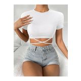 Liona Beyaz Renk Bisiklet Yaka Düz Desensiz Likralı İpli Fitilli Kaşkorse Crop Top Kısa Kollu Bluz