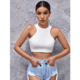 Liona Beyaz Renk Halter Yaka Düz Desensiz Likralı Slim Fit Crop Top Bluz