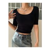 Liona Geniş U Yaka Siyah Renk Fitilli Kısa Kollu Slim Fit Crop Top Bluz