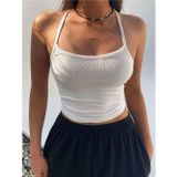Liona Geniş Yaka Askılı Beyaz Renk Fitilli Crop Top Bluz