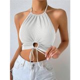 Liona Halter Yaka Bağlamalı Büzgülü Beyaz Renk Fitilli Crop Top Bluz
