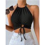 Liona Halter Yaka Bağlamalı Büzgülü Siyah Renk Fitilli Crop Top Bluz