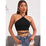 Liona Halter Yaka Çapraz Askılı Siyah Renk Fitilli Crop Top Bluz