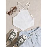 Liona Halter Yaka Sırtı Açık Çapraz Askılı Bağcıklı Beyaz Renk Fitilli Crop Top Bluz