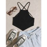 Liona Halter Yaka Sırtı Açık Çapraz Askılı Bağcıklı Siyah Renk Fitilli Crop Top Bluz