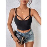 Liona Havuz Yaka Çapraz Askılı Siyah Renk Fitilli Crop Top Bluz