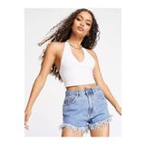 Liona Kadın Boyun Askılı U Yaka Beyaz Crop Top Bluz