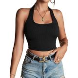 Liona Kadın Boyun Askılı U Yaka Siyah Renk Fitilli Crop Top Bluz