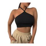 Liona Kadın Boyundan Bağlamalı Siyah Renk Crop Top Bluz