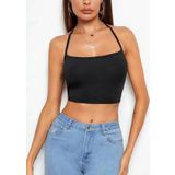 Liona Kadın Düz Yaka Sırt Açık Siyah Super Crop Top Bluz