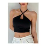 Liona Kadın Halter Yaka Siyah Renk Bağlamalı Crop Top Bluz