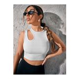 Liona Sıfır Yaka Asimetrik Kesim Beyaz Renk Desensiz Kolsuz Fitilli Likralı Fit Crop Top Bluz