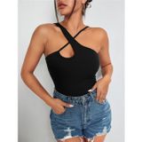 Liona Siyah Renk Asimetrik Yaka Düz Desensiz İnce Çarpaz Askılı Likralı Fitilli Kaşkorse Crop Top Bluz