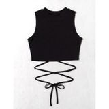 Liona Siyah Renk Bisiklet Yaka Düz Desensiz Likralı İpli Fitilli Kaşkorse Crop Top Bluz
