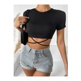 Liona Siyah Renk Bisiklet Yaka Düz Desensiz Likralı İpli Fitilli Kaşkorse Crop Top Kısa Kollu Bluz