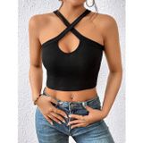 Liona Siyah Renk Degaje Yaka Düz Desensiz Çarpaz Askılı Likralı Fitilli Kaşkorse Crop Top Bluz