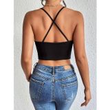 Liona Siyah Renk U Yaka Düz Desensiz Likralı İnce Askılı Fitilli Kaşkorse Fit Crop Top Bluz