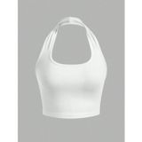 Liona U Yaka Boyundan Askılı Beyaz Renk Omzu Sırtı Açık Kolsuz Likralı Fit Crop Top Bluz