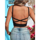 Liona U Yaka Çapraz Askılı Siyah Renk Omuzu Sırtı Açık Kolsuz Likralı Ribana Crop Top Bluz