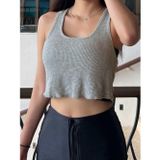 Liona U Yaka Omuzu Açık Eteği Salaş Gri Renk Fitilli Crop Top Bluz